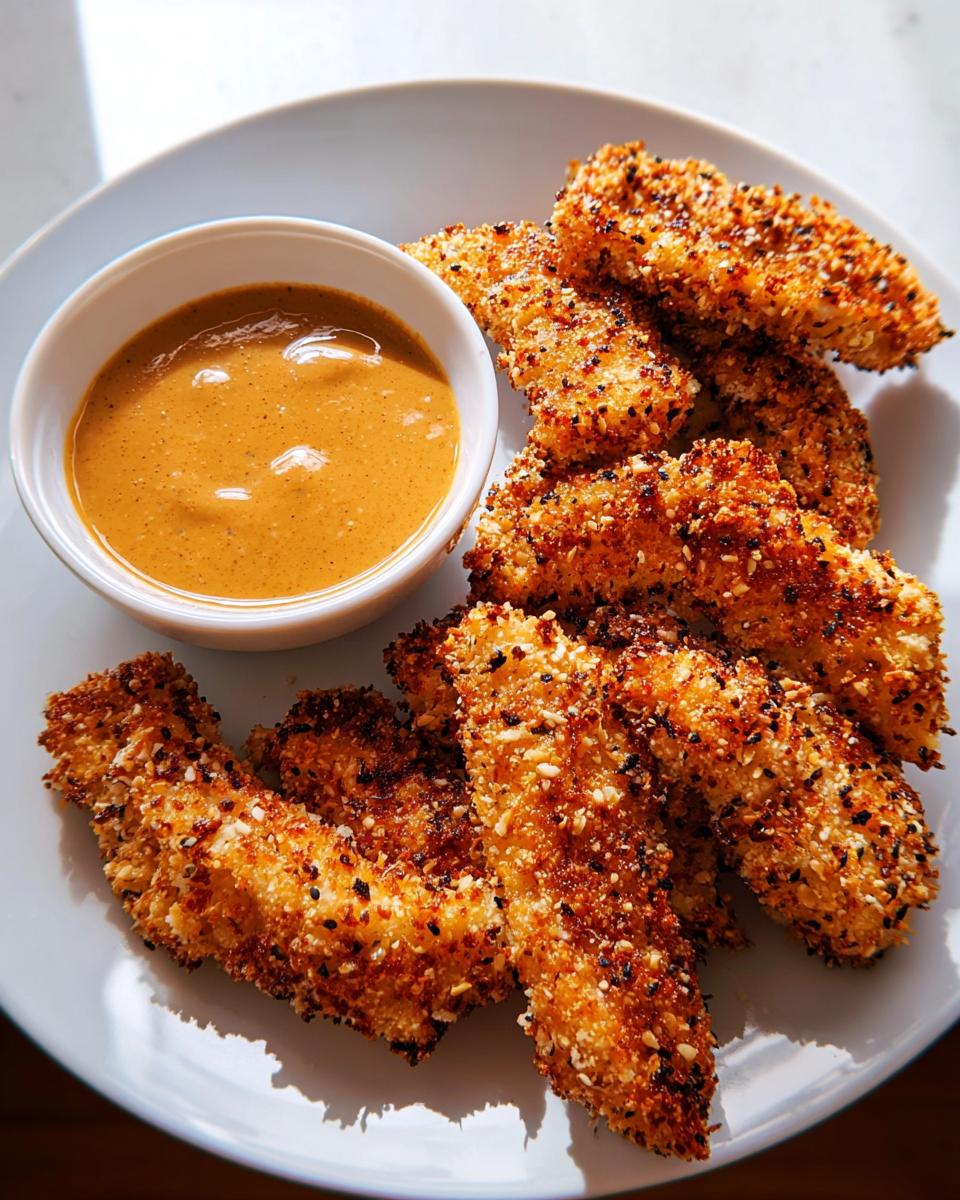 Golden brown, crispy chicken tenders coated in sesame seeds and spices, served with a creamy dipping sauce.