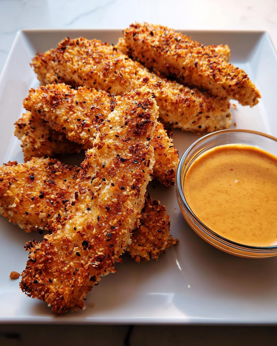 Golden brown crispy chicken tenders coated in breadcrumbs and seeds, served with a creamy dipping sauce, part of Ultimate Easy Dinner Recipes Guide.