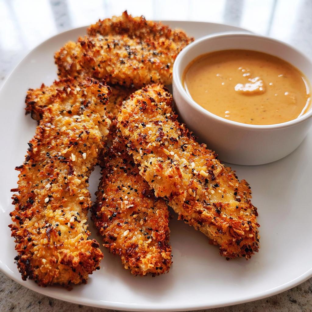 Golden brown crispy chicken tenders coated in a seed mixture, served with a creamy dipping sauce.