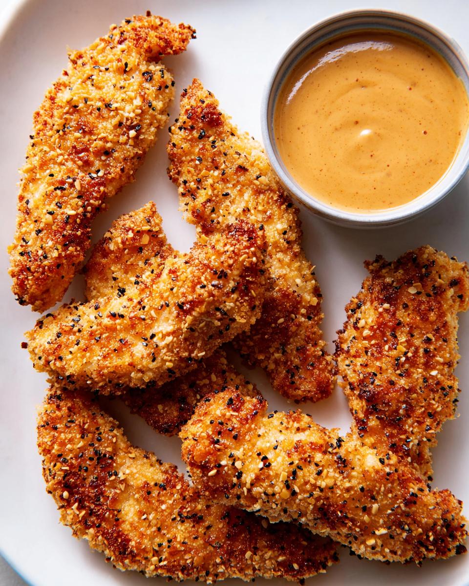 Golden brown crispy chicken tenders coated in sesame seeds, served with a creamy dipping sauce, perfect for easy dinner recipes.