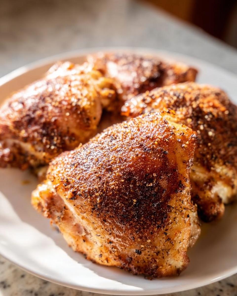 Close-up of perfectly seasoned and crispy chicken thighs, showcasing juicy interiors. A top pick from Best Chicken Thigh Recipes 2025.