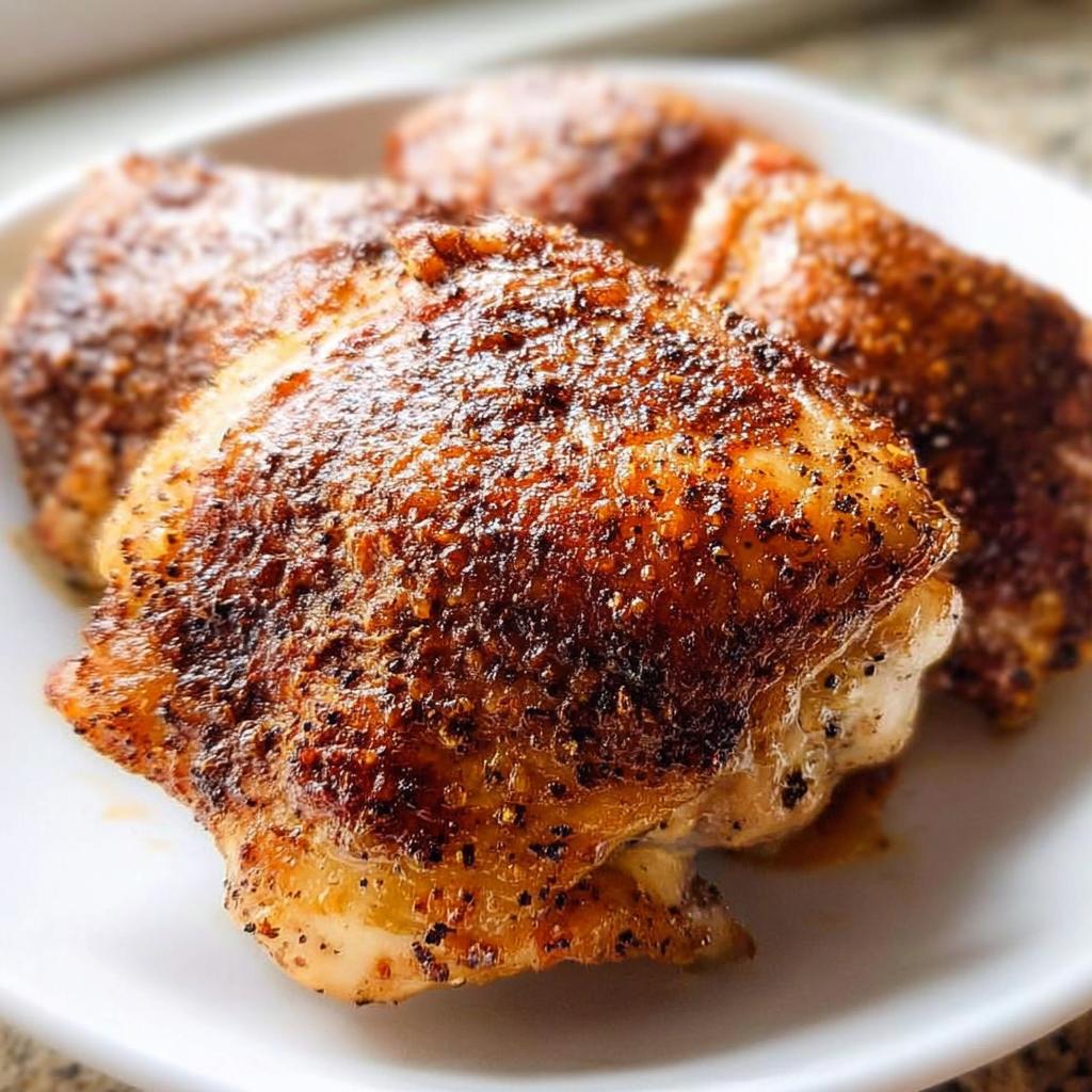 Close-up of perfectly crispy baked chicken thighs with a seasoned, browned skin, part of the best chicken thigh recipes.