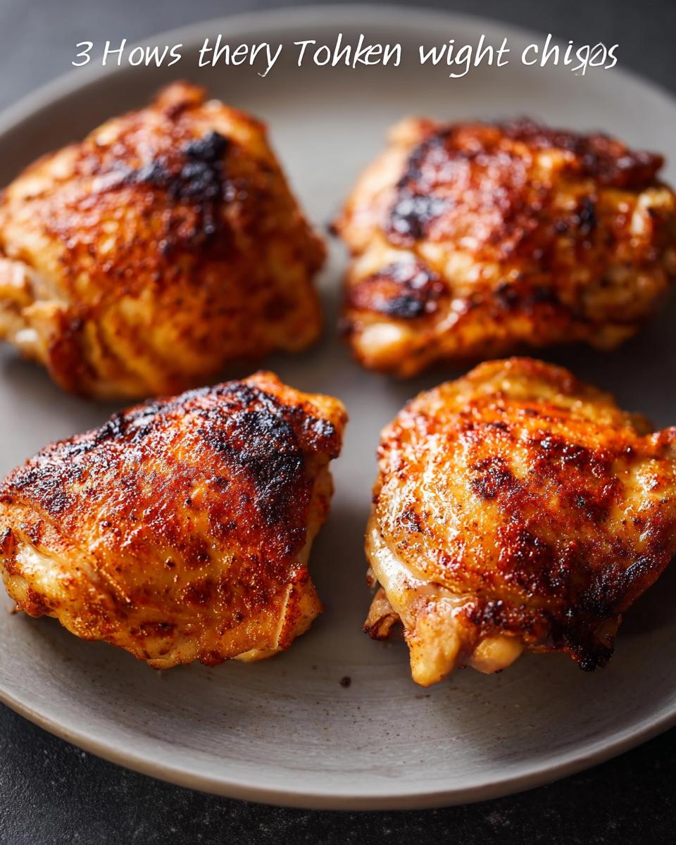 Four perfectly cooked, crispy chicken thighs on a grey plate, showcasing a foolproof chicken thigh recipe.