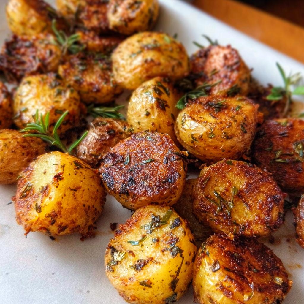 Close-up of perfectly crispy Herb Roasted Baby Potatoes seasoned with herbs and spices.