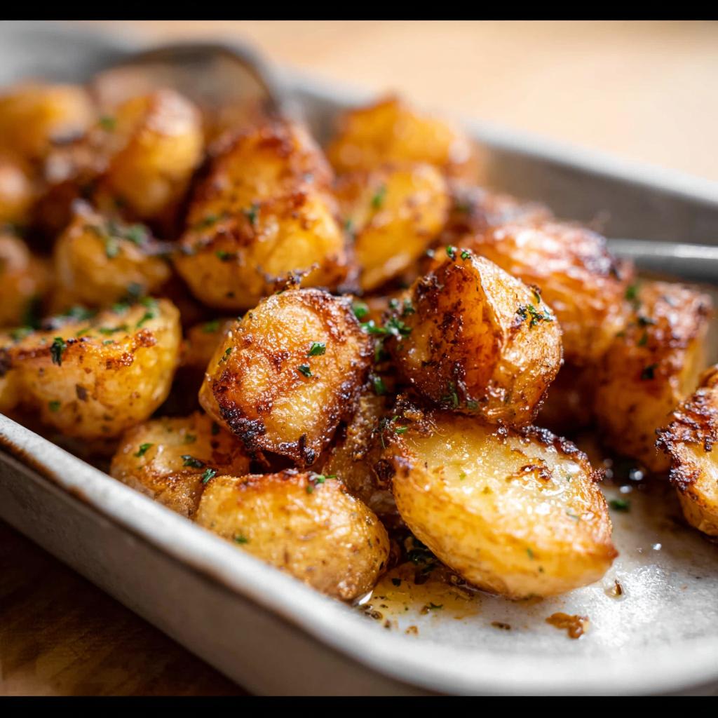 Close-up of golden brown, perfectly Crispy Roasted Potatoes seasoned with herbs on a serving platter.