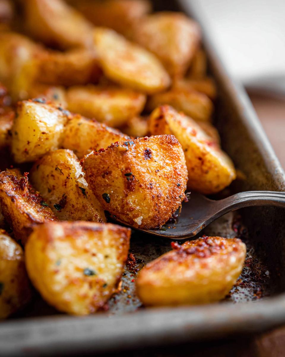 Close-up of perfectly Crispy Roasted Potatoes seasoned with spices, being lifted by a fork from a baking sheet.