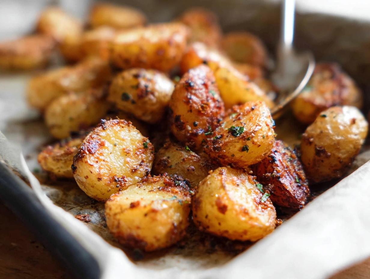 Close-up of golden brown, seasoned Crispy Roasted Potatoes served on parchment paper.
