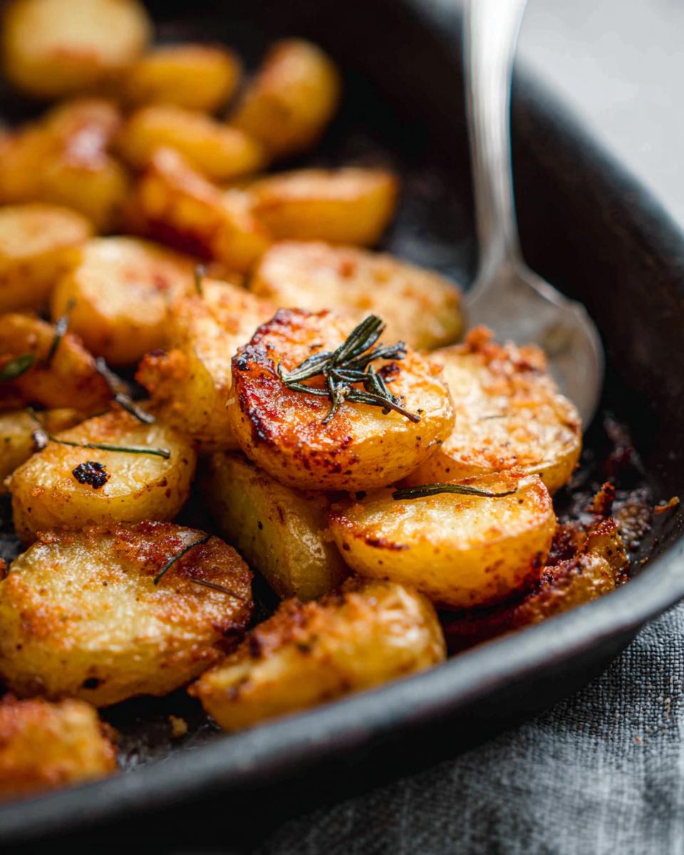 Close-up of golden brown, crispy roasted potatoes seasoned with rosemary in a dark pan.