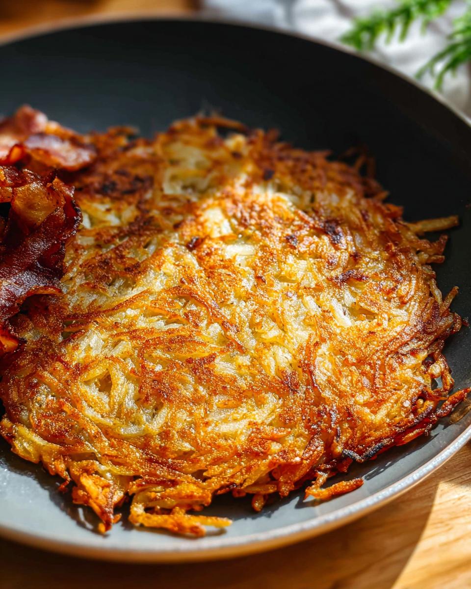 A perfectly golden brown and crispy skillet Hash Browns served alongside strips of bacon in a dark bowl.
