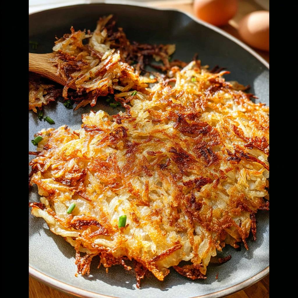 Close-up of golden brown, crispy skillet Hash Browns garnished with chopped chives on a dark plate.