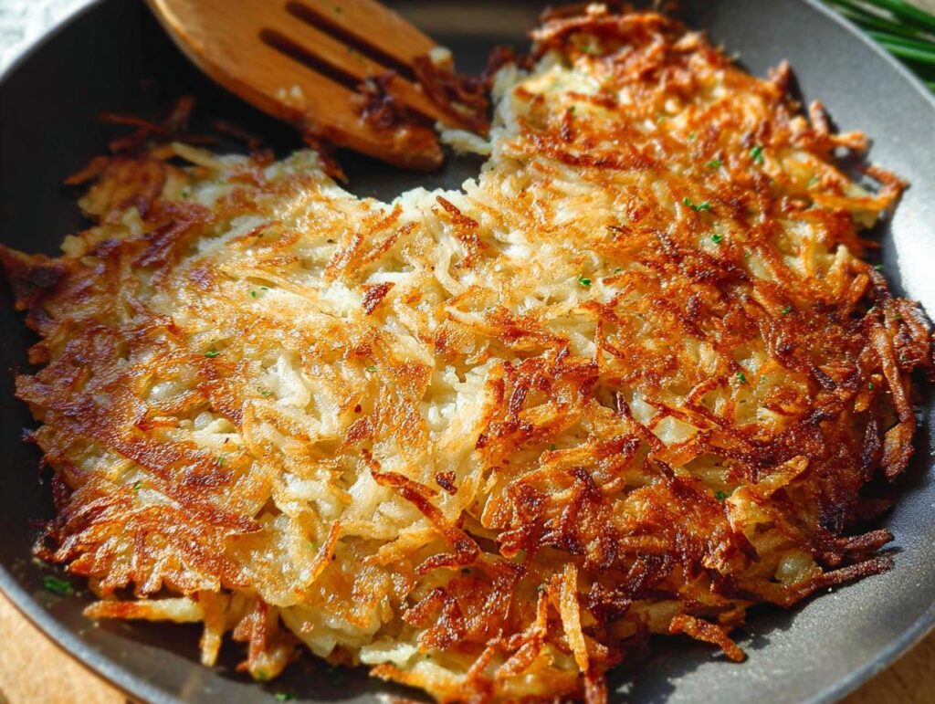 A close-up of perfectly golden brown and crispy skillet Hash Browns cooking in a dark pan with a wooden spatula nearby.