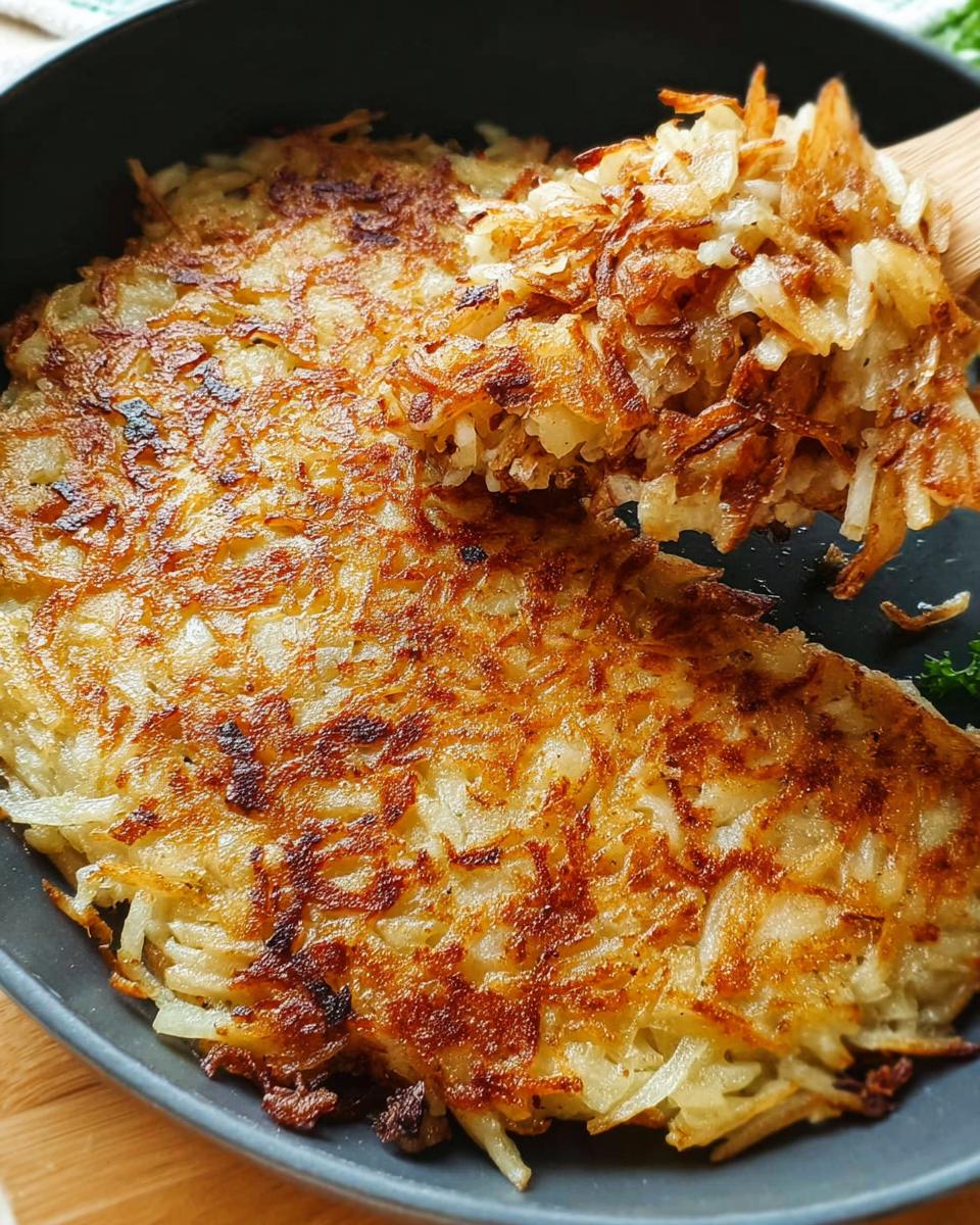 Close-up of perfectly golden brown, crispy skillet Hash Browns being lifted from a dark pan with a wooden spatula.