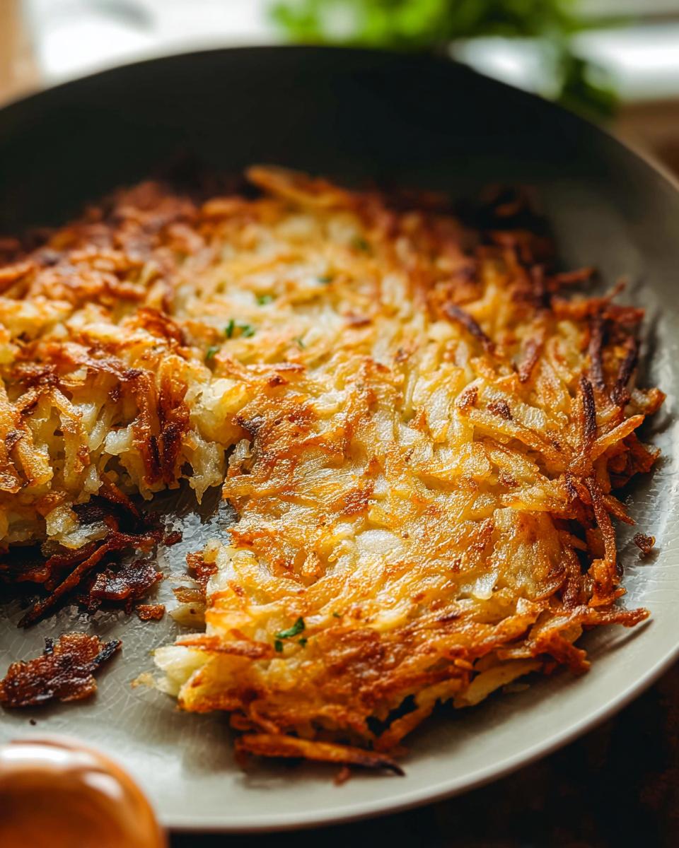 Close-up of golden brown, crispy skillet Hash Browns with shredded potato texture.