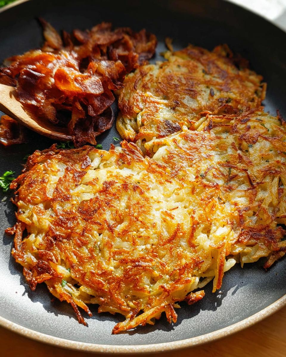 Three perfectly golden and crispy skillet Hash Browns served alongside caramelized onions.