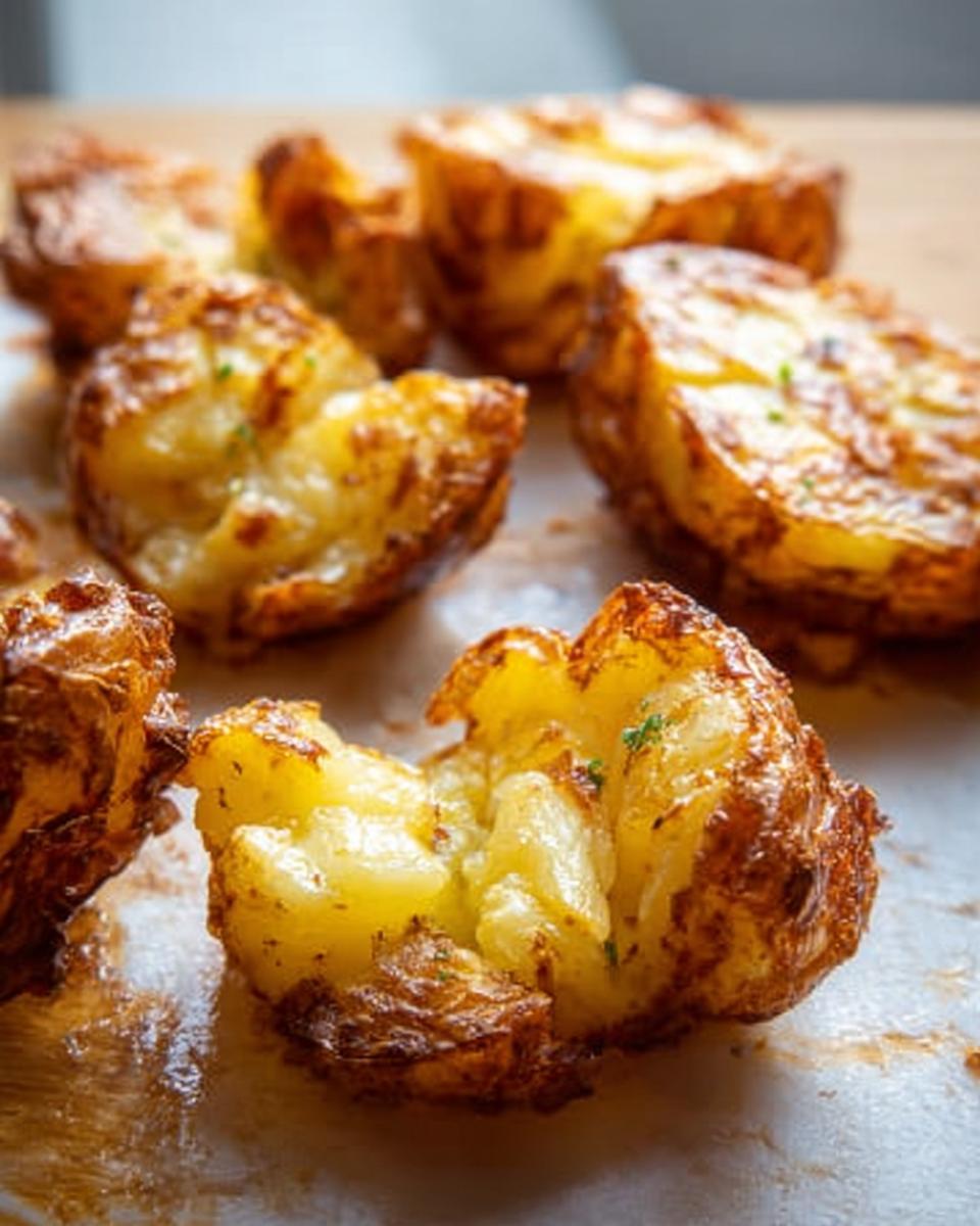 A close-up view of several golden brown, crispy smash potatoes scattered on parchment paper.