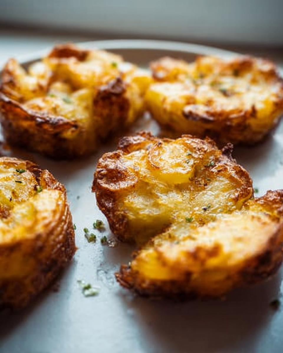 Close-up of four golden brown, crispy smash potatoes seasoned with herbs on a light plate.