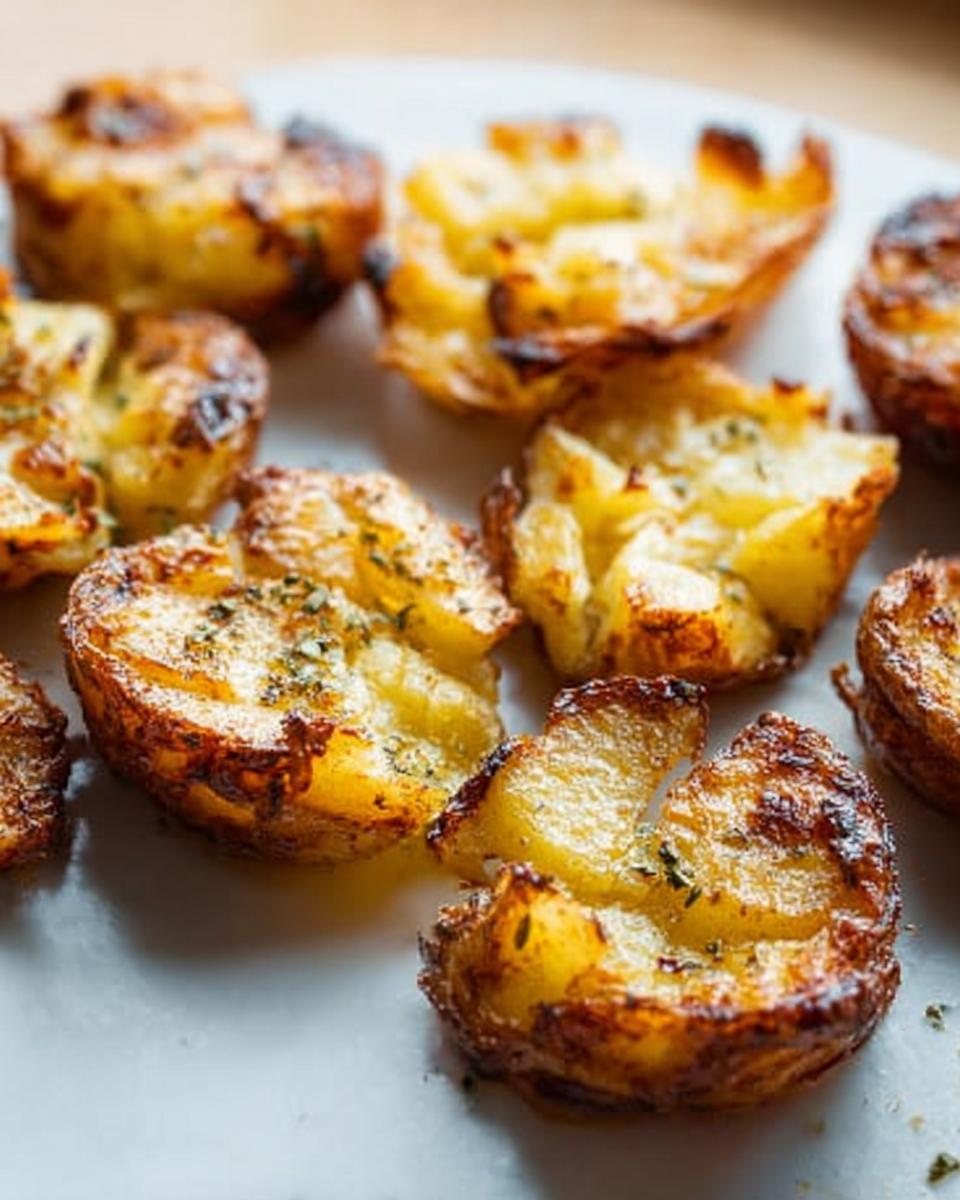 Close-up of several golden brown, smashed potatoes seasoned with herbs, highlighting the crispy edges of the Crispy Smash Potatoes.