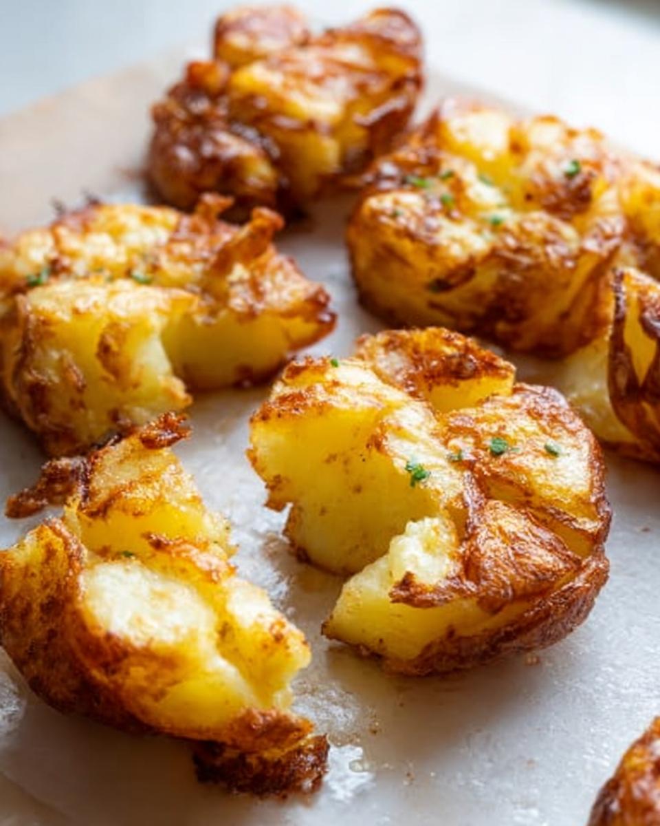 Close-up of several golden brown and fluffy Crispy Smash Potatoes seasoned with herbs on parchment paper.