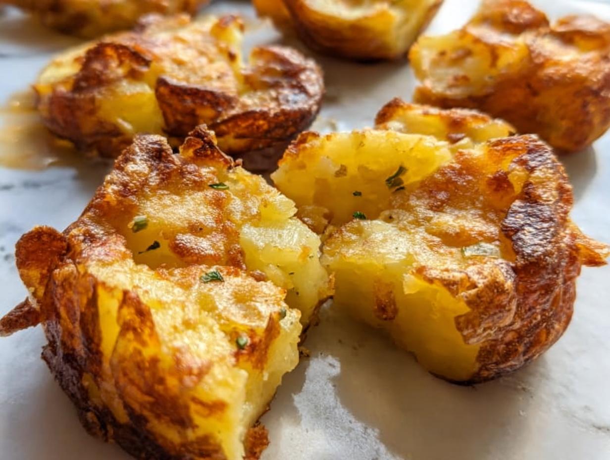 A close-up of a Crispy Smash Potato split in half, revealing a fluffy interior and golden-brown, crispy edges.