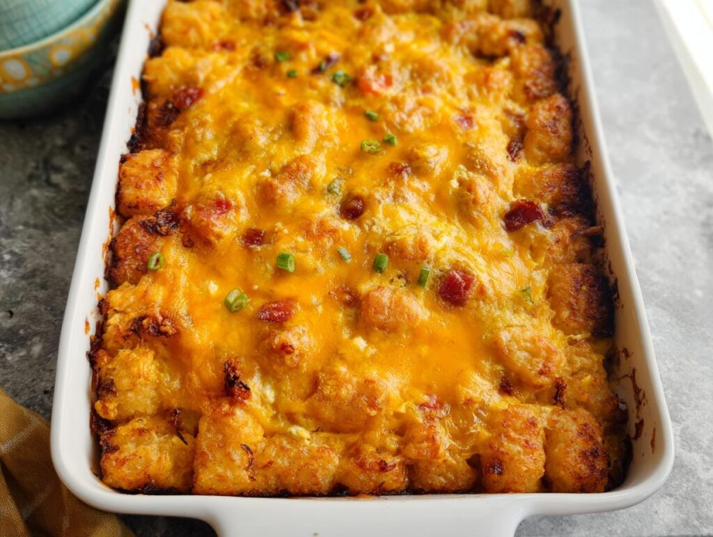 A close-up of a Tater Tot Breakfast Casserole with a crispy top and melted cheddar cheese.