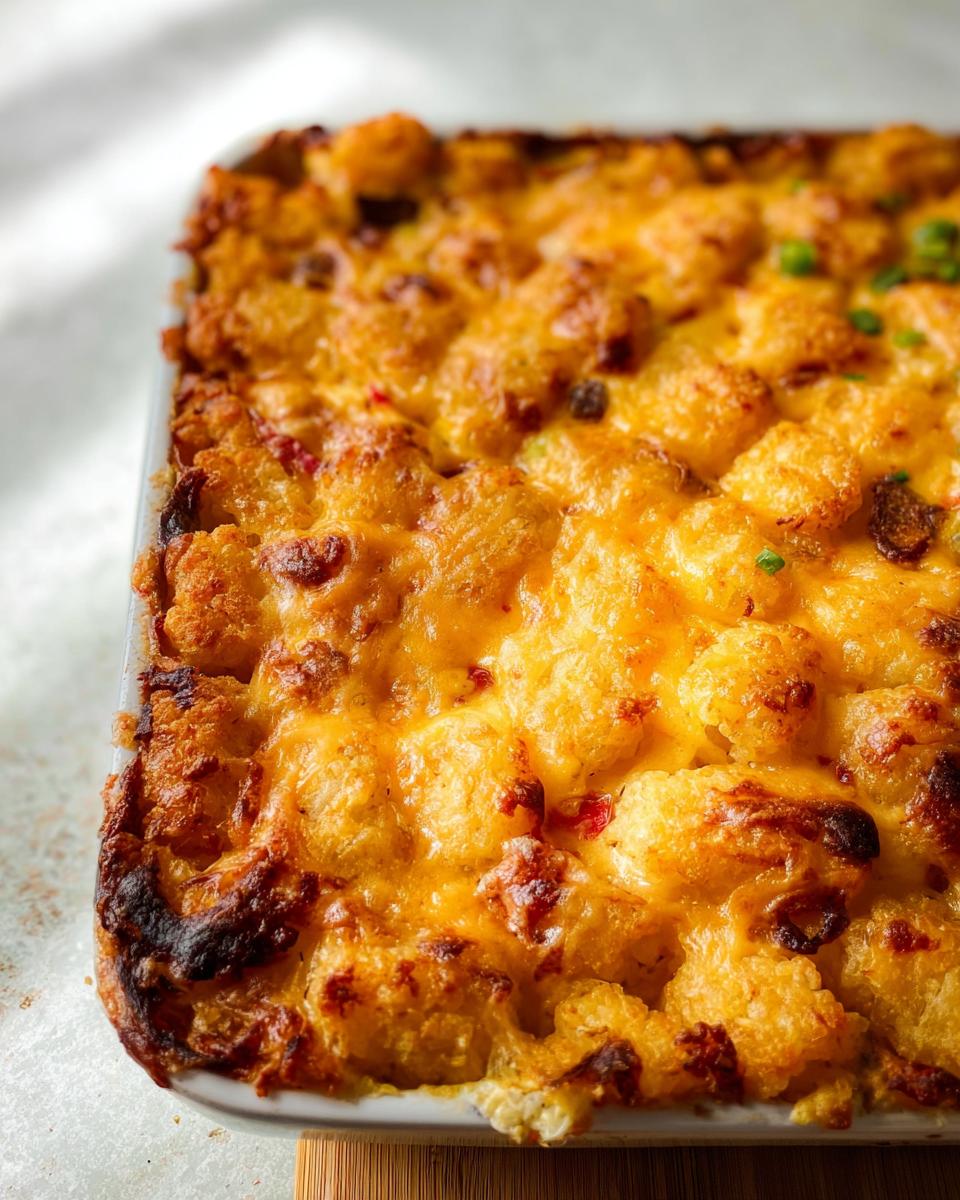 Close-up of a golden brown, cheesy Tater Tot Breakfast Casserole with a crispy top layer.