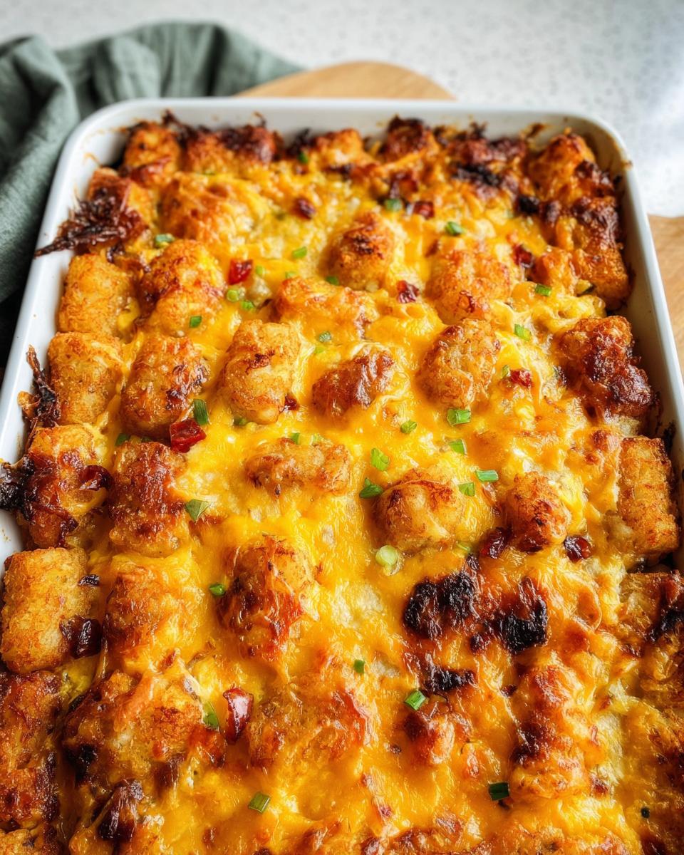 Close-up of a baked Tater Tot Breakfast Casserole with a crispy top layer of golden tater tots and melted cheddar cheese.