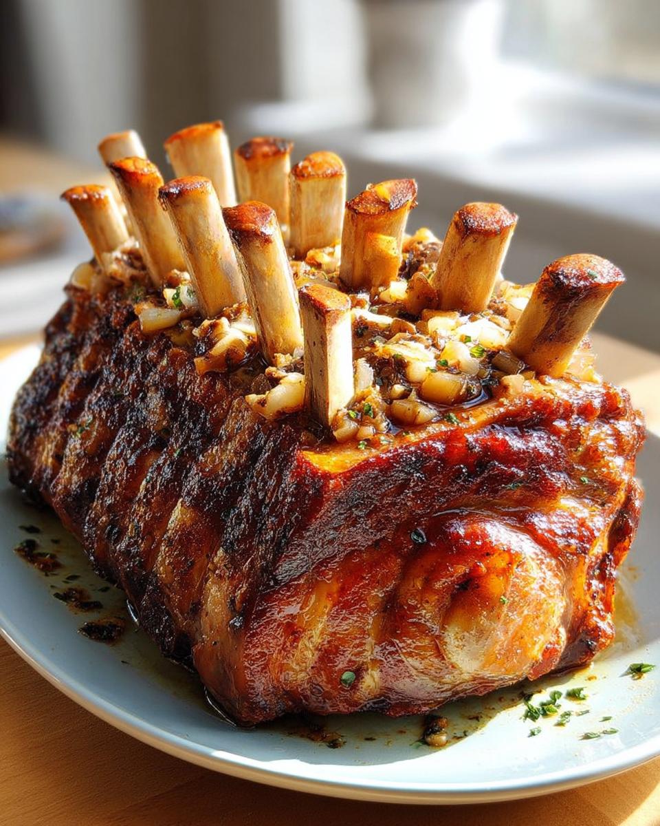 A beautifully roasted crown roast of pork, a centerpiece for any dinner recipes, with visible ribs and a savory glaze.
