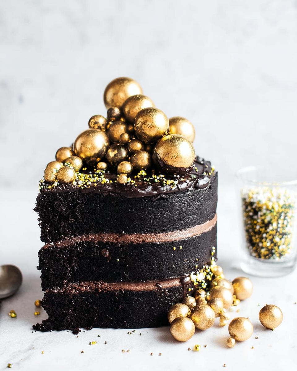 A rich, three-layer dark chocolate cake decorated with edible gold spheres, perfect for New Year’s Eve Cakes.
