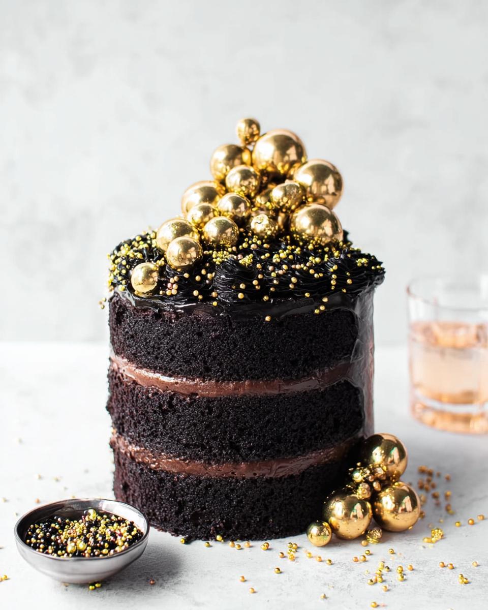 A decadent, three-layer dark chocolate cake topped with black frosting and shiny gold edible spheres, perfect for New Year’s Eve Cakes.