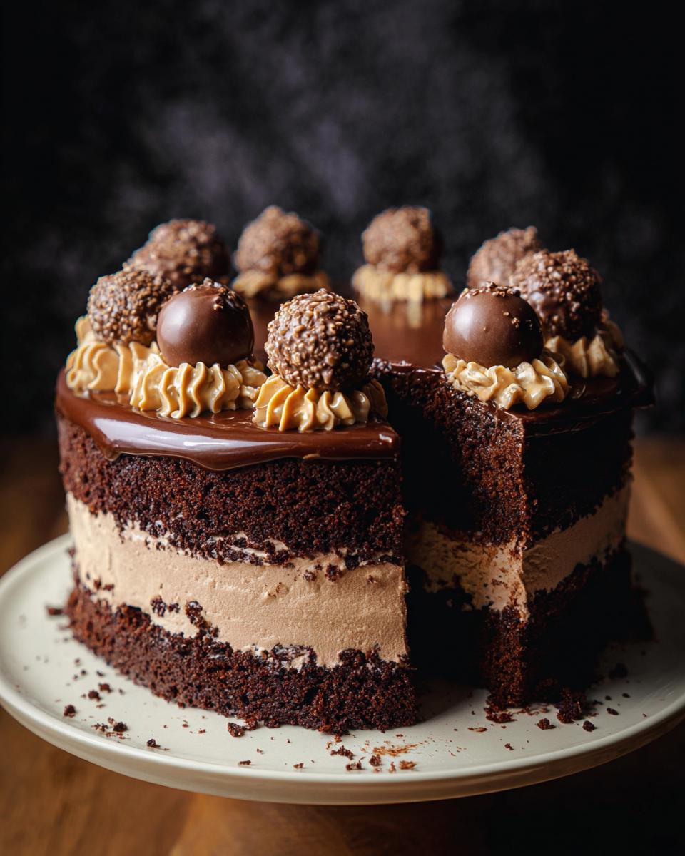 A rich, layered Dark Chocolate Truffle Cake with a slice removed, topped with chocolate ganache and hazelnut truffles.