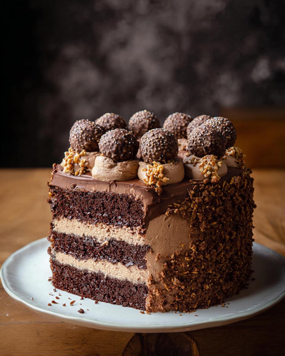 A decadent slice removed from a Dark Chocolate Truffle Cake, showing three layers of dark cake and light filling, topped with chocolate truffles.