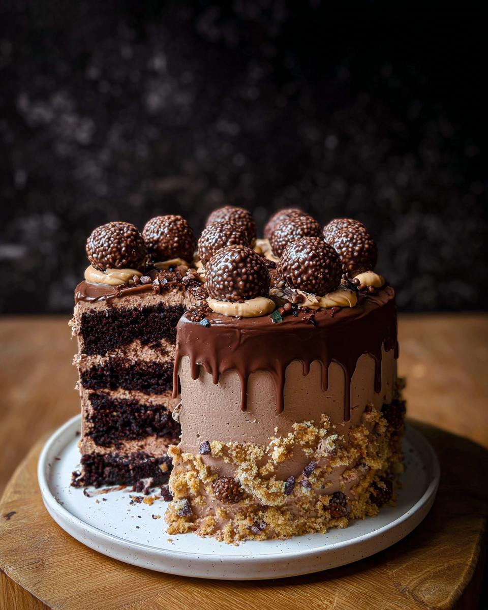 A tall, layered Dark Chocolate Truffle Cake with chocolate drip and crunchy toppings, showing a slice cut out.