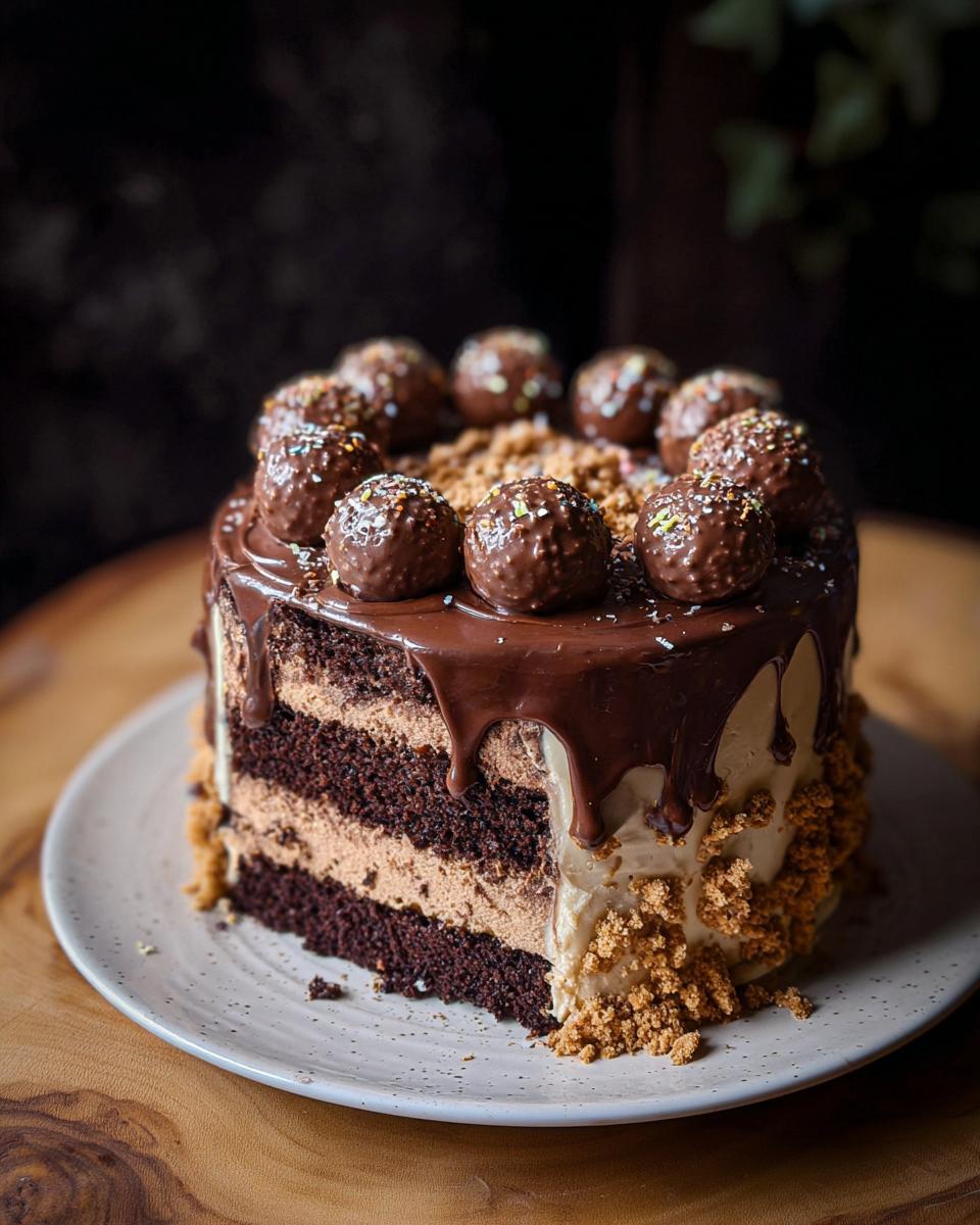 A decadent slice of Dark Chocolate Truffle Cake featuring layers of dark cake and mousse, topped with chocolate ganache and truffle balls.