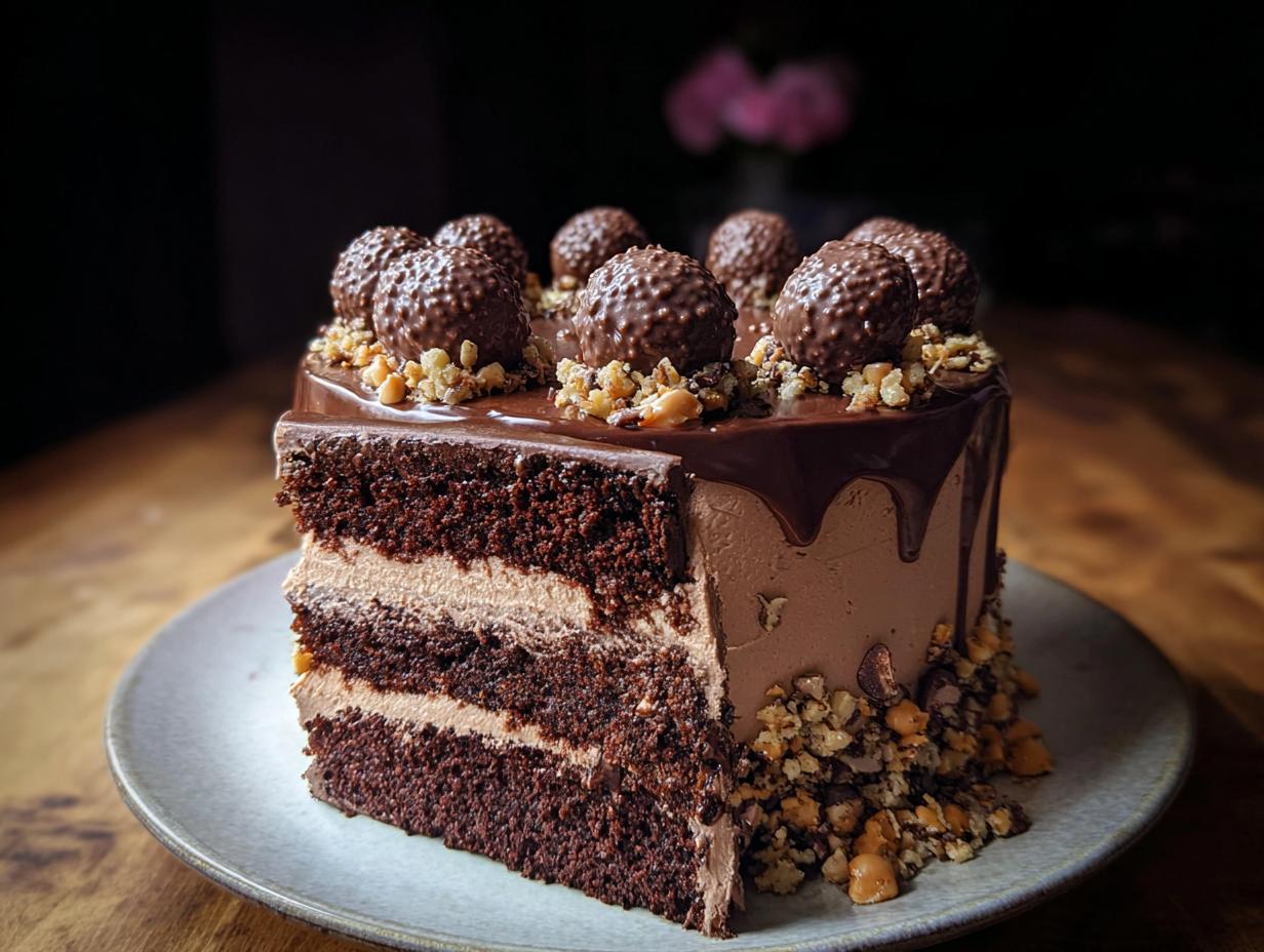 A decadent slice of Dark Chocolate Truffle Cake showing rich layers, chocolate ganache drip, and hazelnut topping.