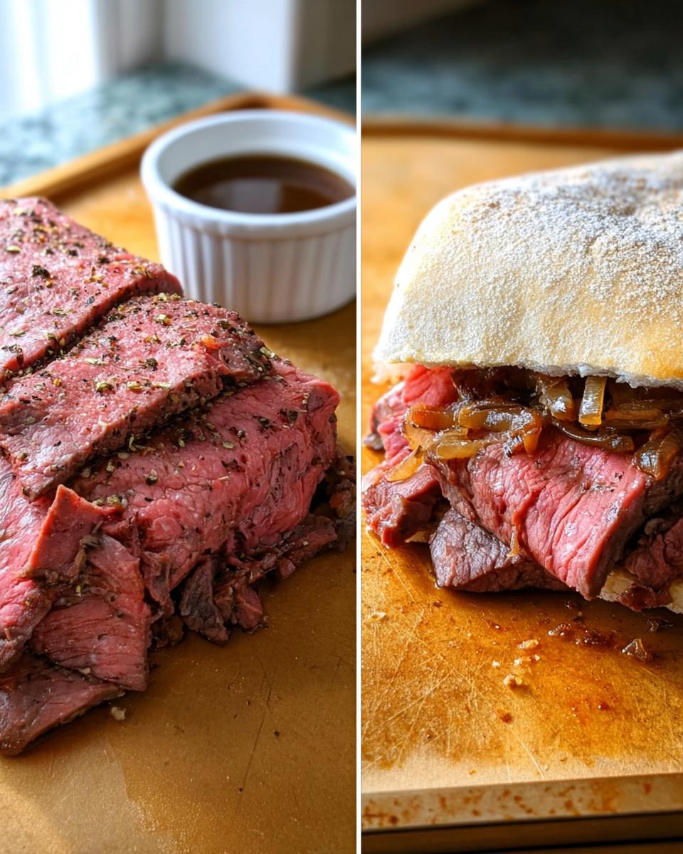 Split image showing sliced rare roast beef with a side of au jus, and a French Dip sandwich ready to eat.