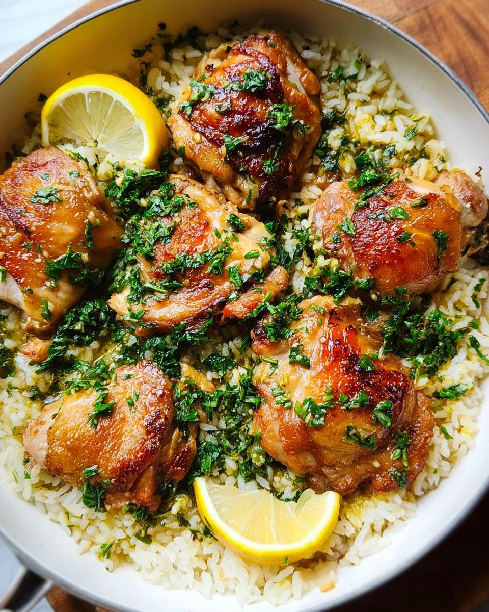 A pan of golden-brown chicken thighs served over fluffy rice, garnished with fresh parsley and lemon wedges. A perfect dinner idea recipe.