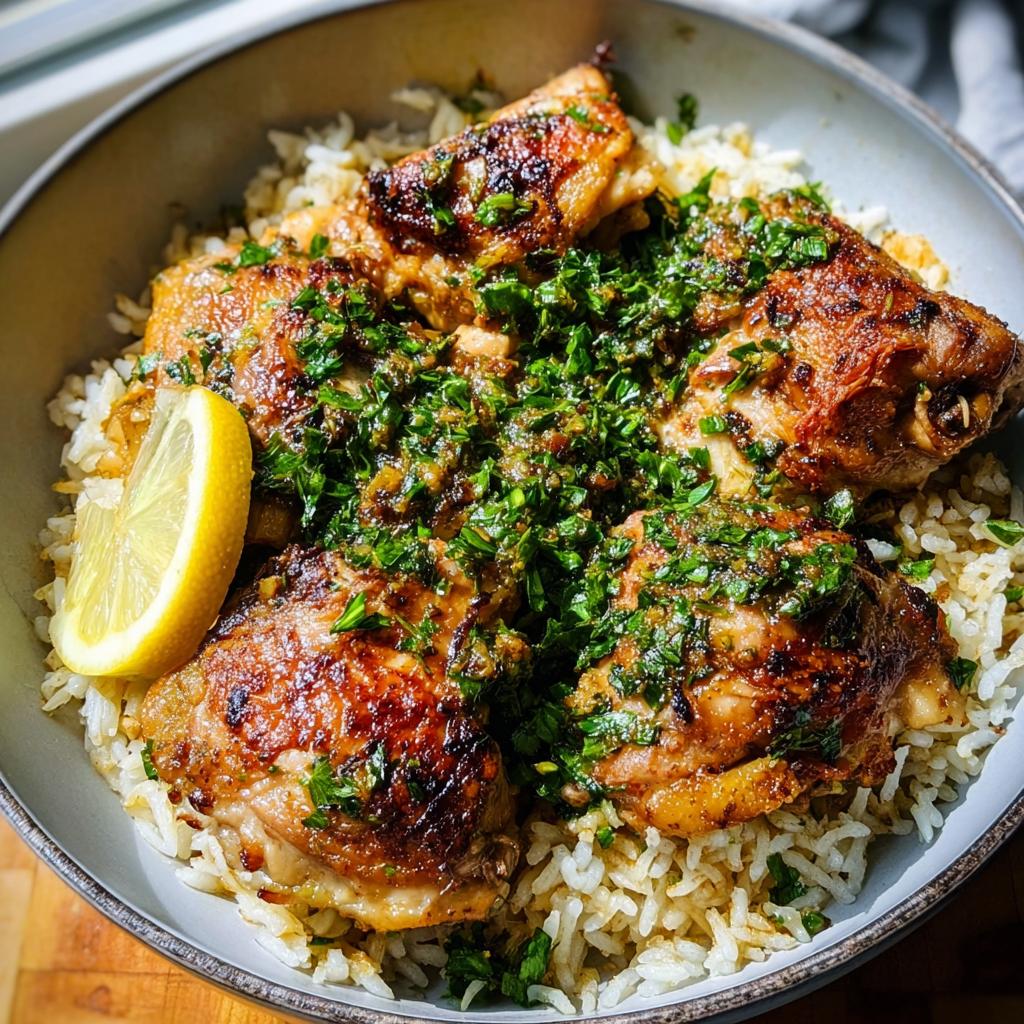 A bowl of rice topped with golden brown chicken pieces, fresh herbs, and a lemon wedge, perfect for dinner ideas.