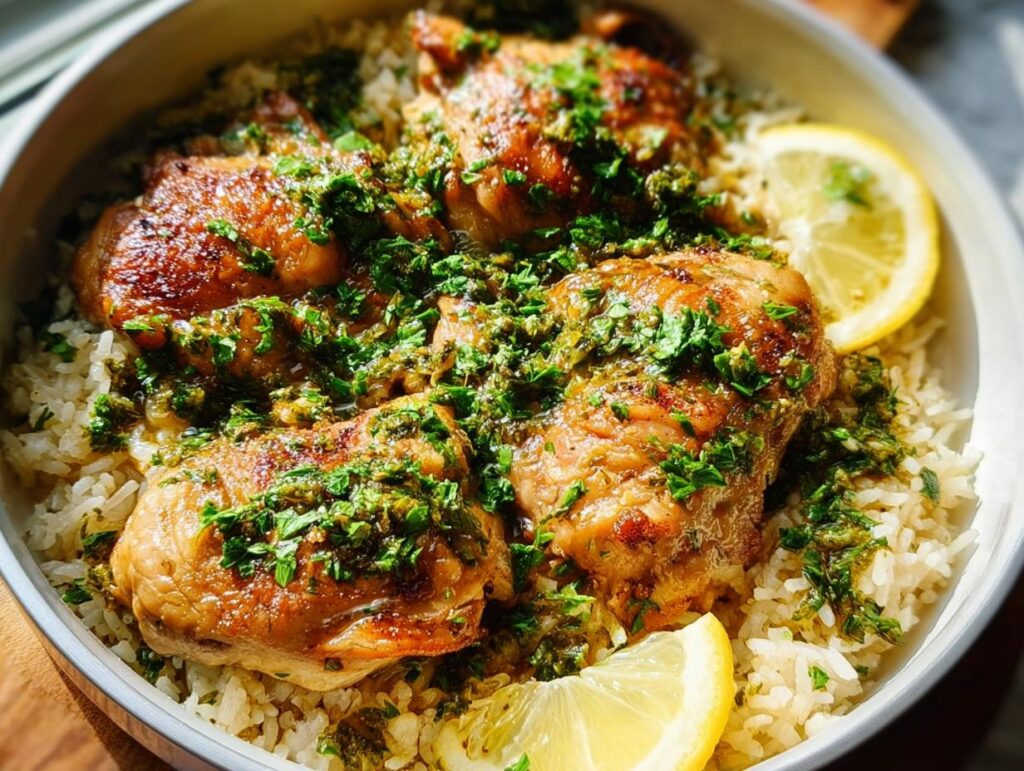 A close-up of a delicious chicken and rice dish, a dinner idea everyone asks for, garnished with fresh herbs and lemon slices.