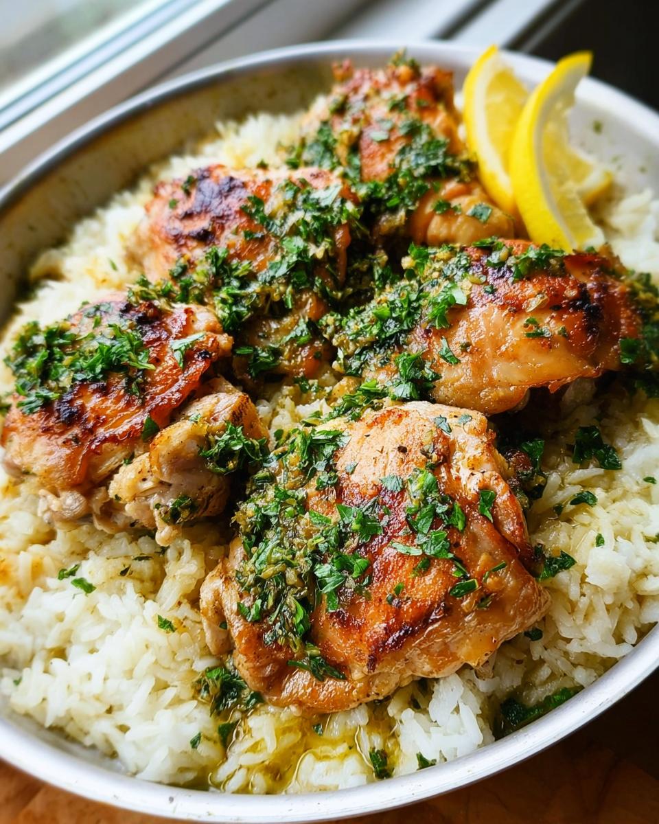 A delicious dinner idea recipe everyone asks for: tender chicken thighs served over fluffy white rice, garnished with fresh herbs and lemon wedges.