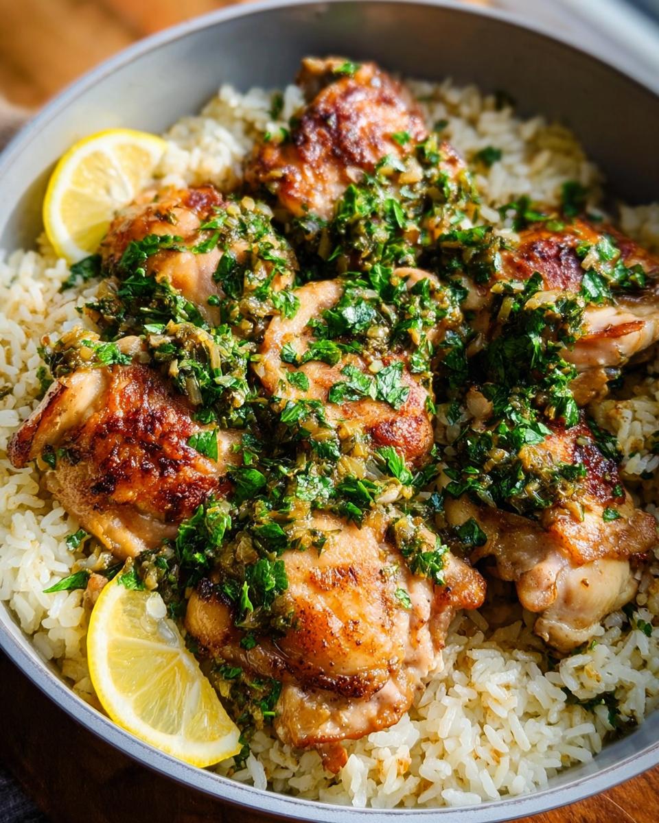 A delicious Dinner Ideas Recipe Everyone Asks For featuring pan-seared chicken thighs with a fresh herb topping served over fluffy white rice, garnished with lemon wedges.