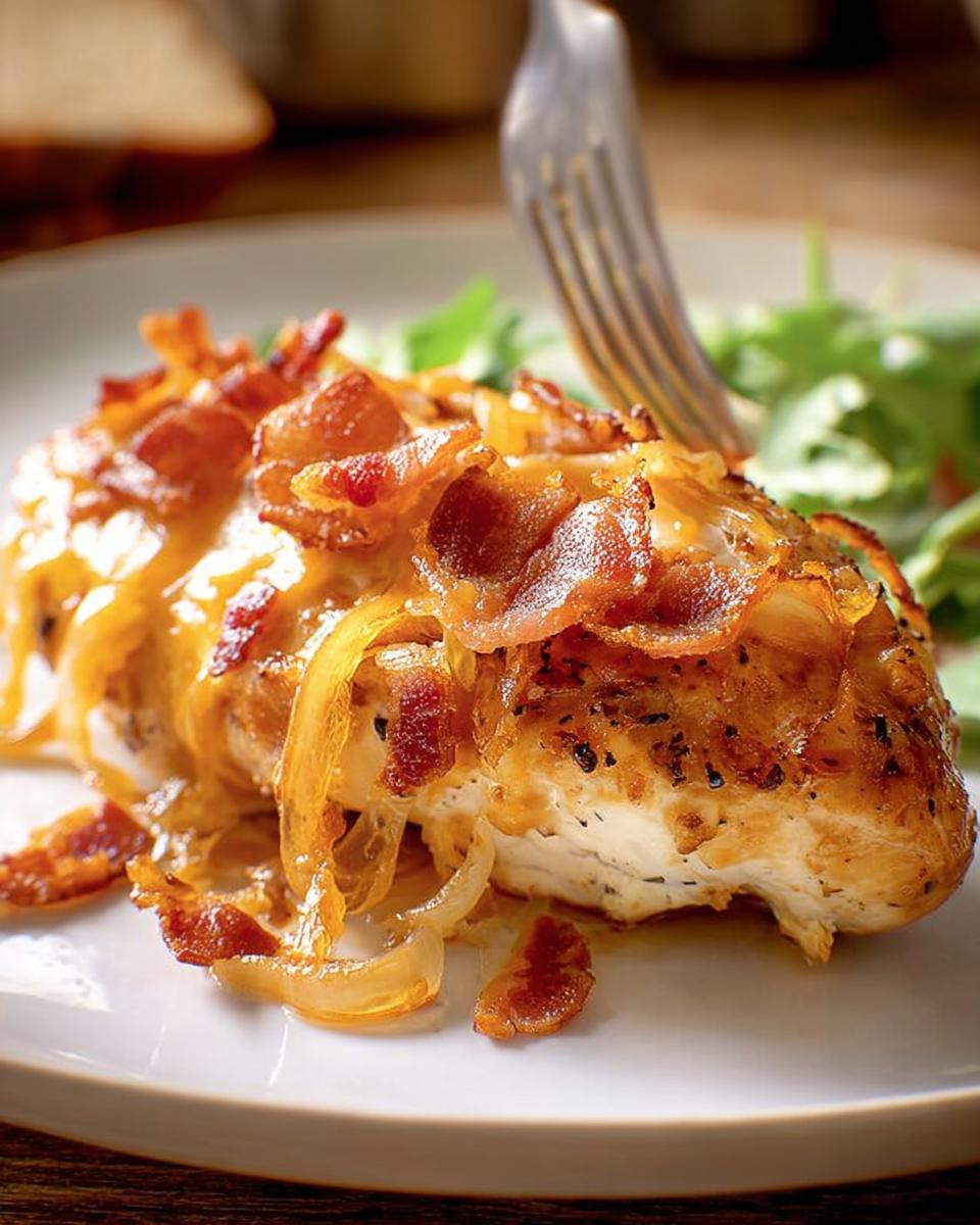A close-up of a juicy chicken breast topped with melted cheddar cheese, caramelized onions, and crispy bacon, part of a Dinner Recipe Everyone Asks For.