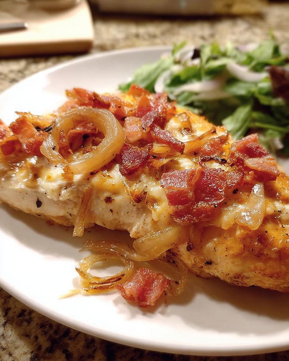 A delicious dinner recipe everyone asks for: a chicken breast topped with melted cheese, crispy bacon, and caramelized onions, served with a side salad.