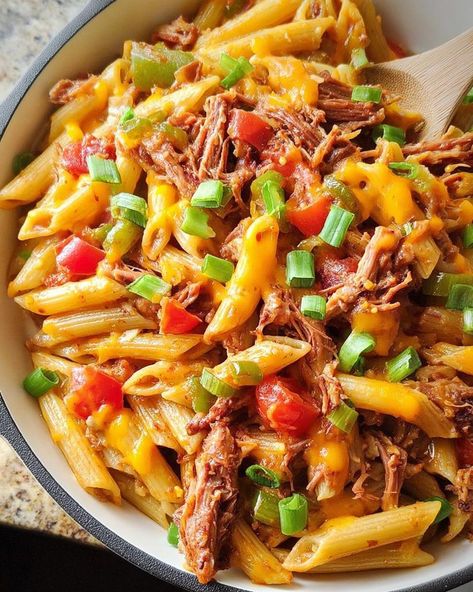 A close-up of a hearty pasta dish with pulled pork, melted cheese, tomatoes, green peppers, and green onions.