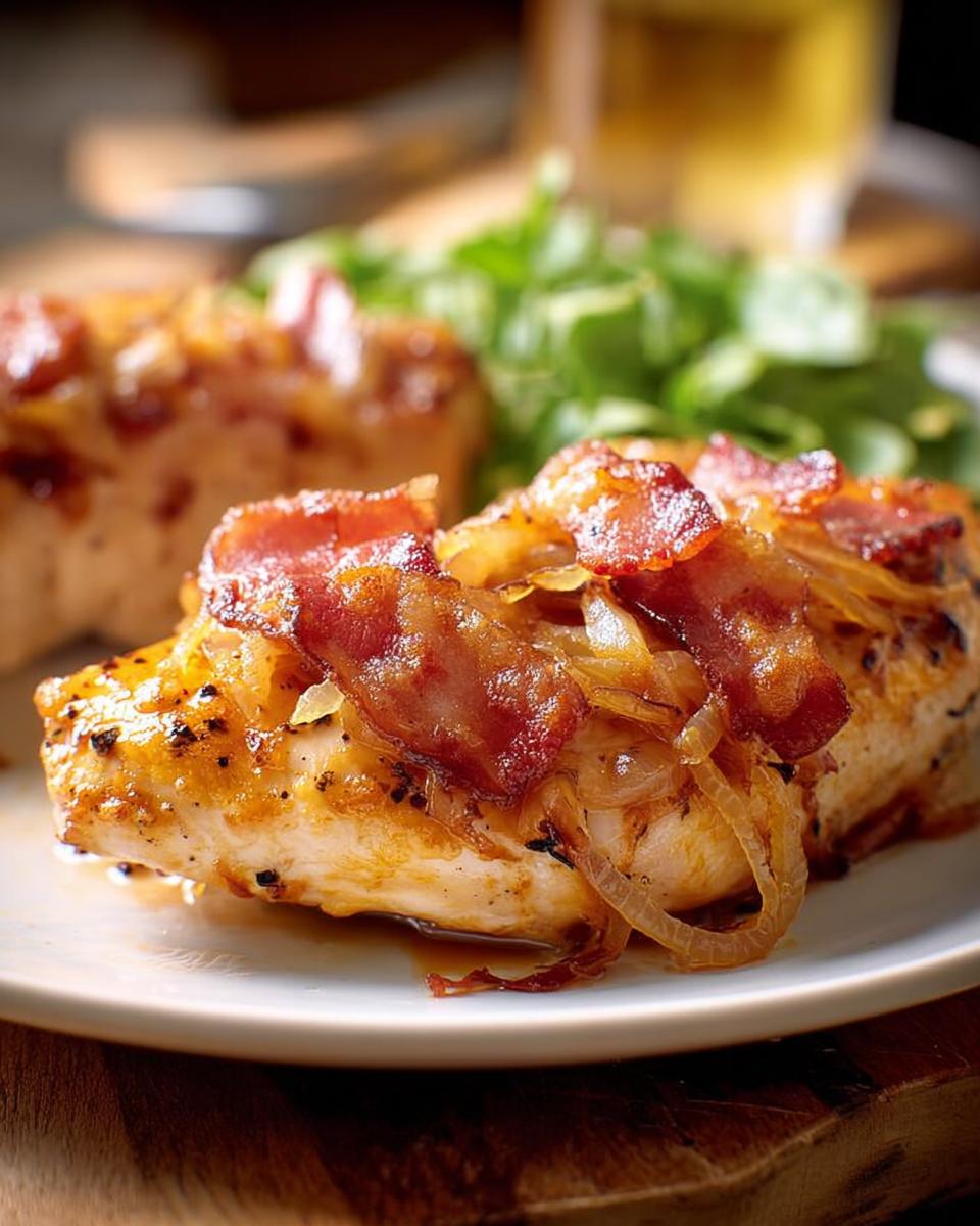 Close-up of a juicy chicken breast topped with crispy bacon and caramelized onions, part of a dinner recipe everyone asks for.