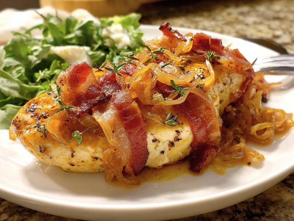 A delicious chicken breast topped with crispy bacon, caramelized onions, and fresh thyme, served with a side salad. This is a Dinner Recipes Recipe Everyone Asks For.