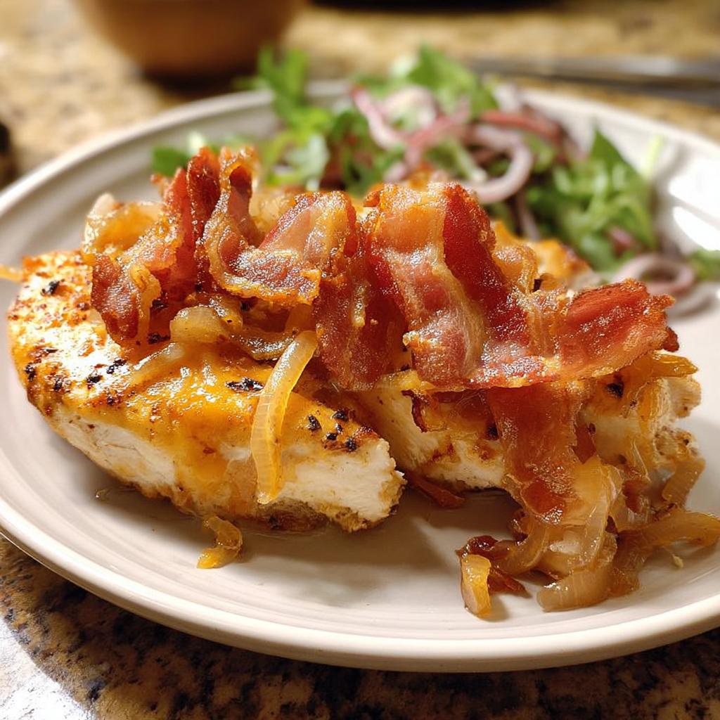Close-up of a juicy chicken breast topped with crispy bacon and caramelized onions, part of a Dinner Recipes Recipe Everyone Asks For.