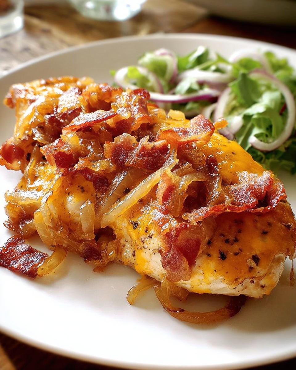 Close-up of a delicious chicken breast topped with melted cheese, caramelized onions, and crispy bacon, served with a side salad.