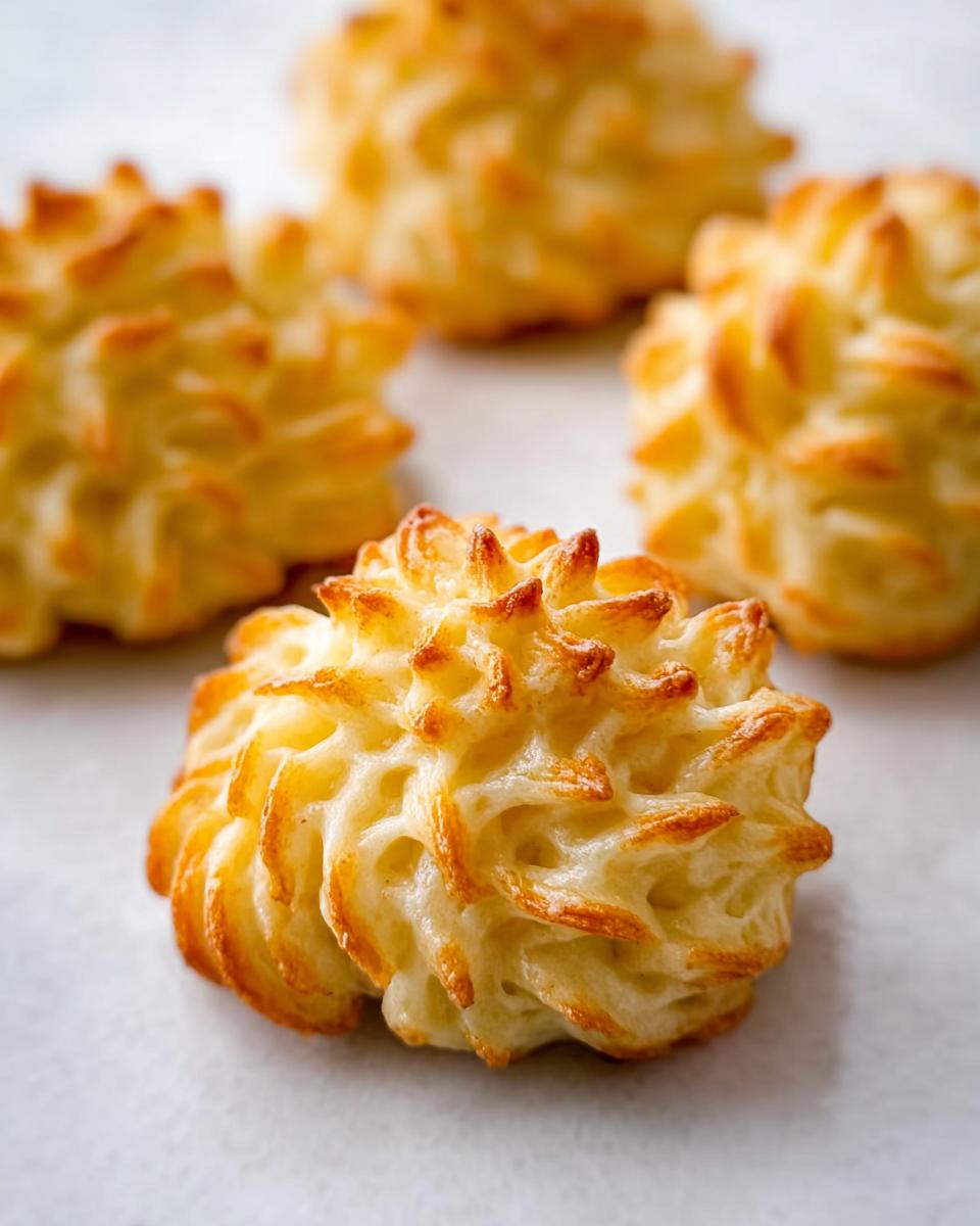 Close-up of perfectly piped and baked Duchess Potatoes with golden brown, crispy edges.