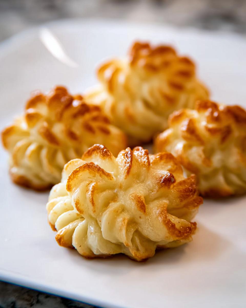 Close-up of four beautifully piped and baked Duchess Potatoes with golden brown edges on a white serving plate.