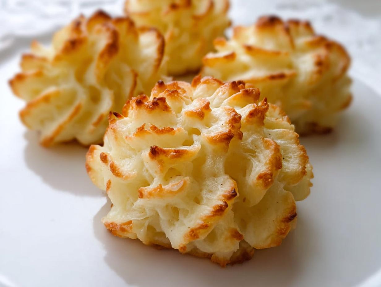 Close-up of three perfectly piped and baked Duchess Potatoes with golden brown edges.